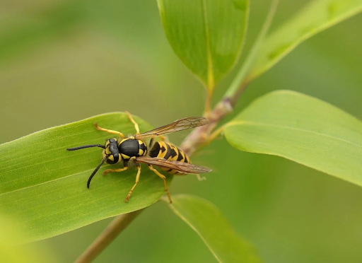 Yellow Jacket Wasp sitting on green plant leaf