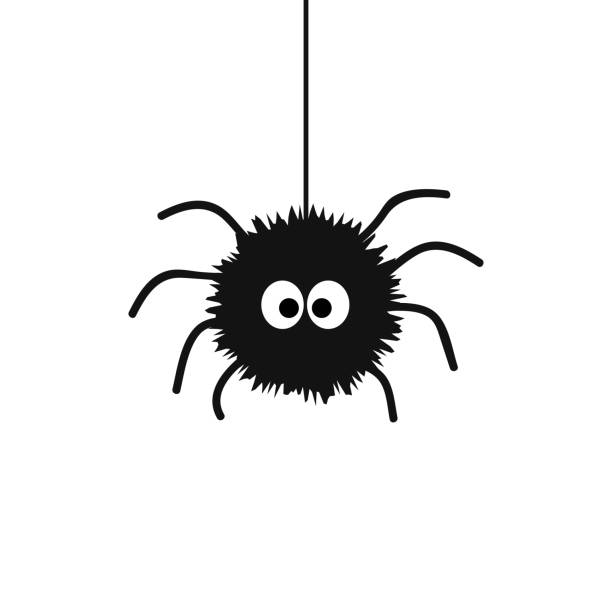 Cute cartoon black spider with big eyes hanging on spiderweb