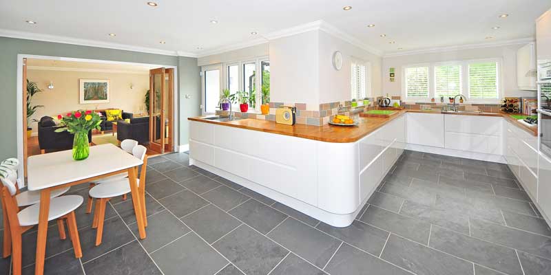 the kitchen area of a family home